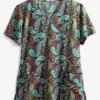 Green Town Ethnic Paisley Women's 3-Pocket Mock Wrap Print Scrub Top