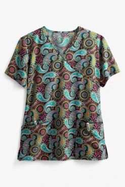 Green Town Ethnic Paisley Women's 3-Pocket Mock Wrap Print Scrub Top
