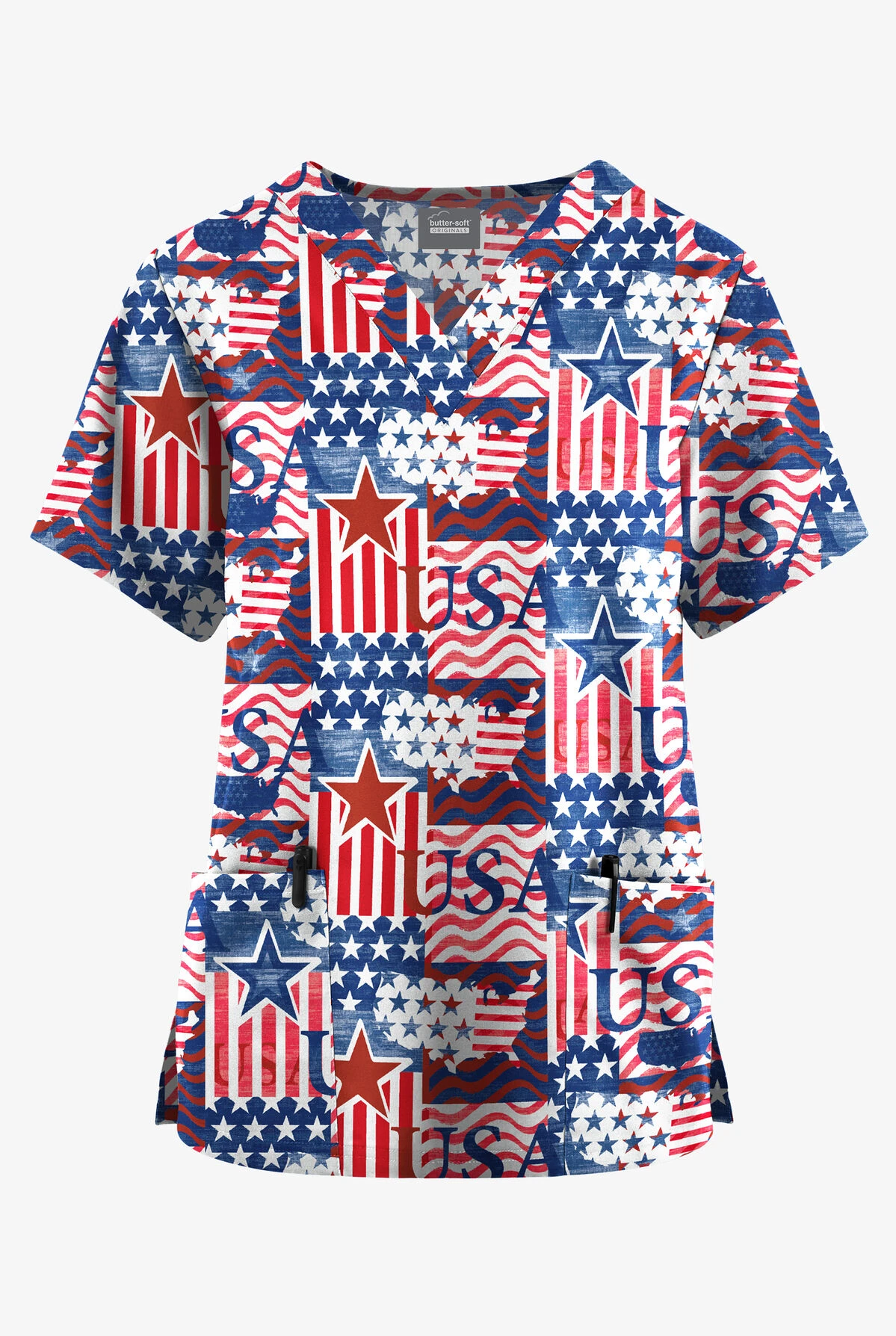 Butter-Soft Originals Happy Fourth Navy Women's 2-Pocket Classic Fit V-Neck Printed Scrub Top 1 Butter-Soft Originals Happy Fourth Navy Women's 2-Pocket Classic Fit V-Neck Printed Scrub Top