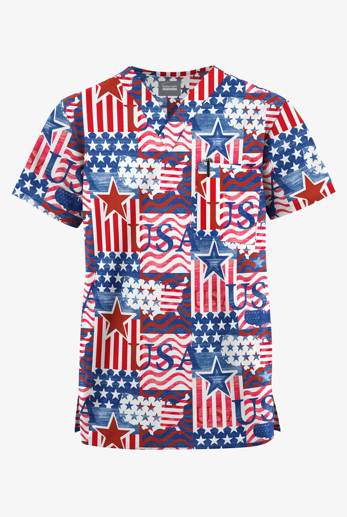 Butter-Soft Originals Happy Fourth Navy Unisex 2-Pocket V-Neck Printed Scrub Top 1 Butter-Soft Originals Happy Fourth Navy Unisex 2-Pocket V-Neck Printed Scrub Top