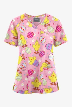Butter-Soft Originals Easter Blush Women's 3-Pocket Mock Wrap Raglan Sleeve Printed Scrub Top