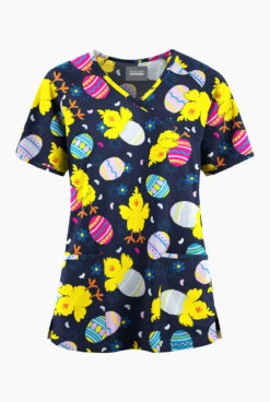 Butter-Soft Originals Easter Morning Navy Women's 3-Pocket Mock Wrap Raglan Sleeve Printed Scrub Top