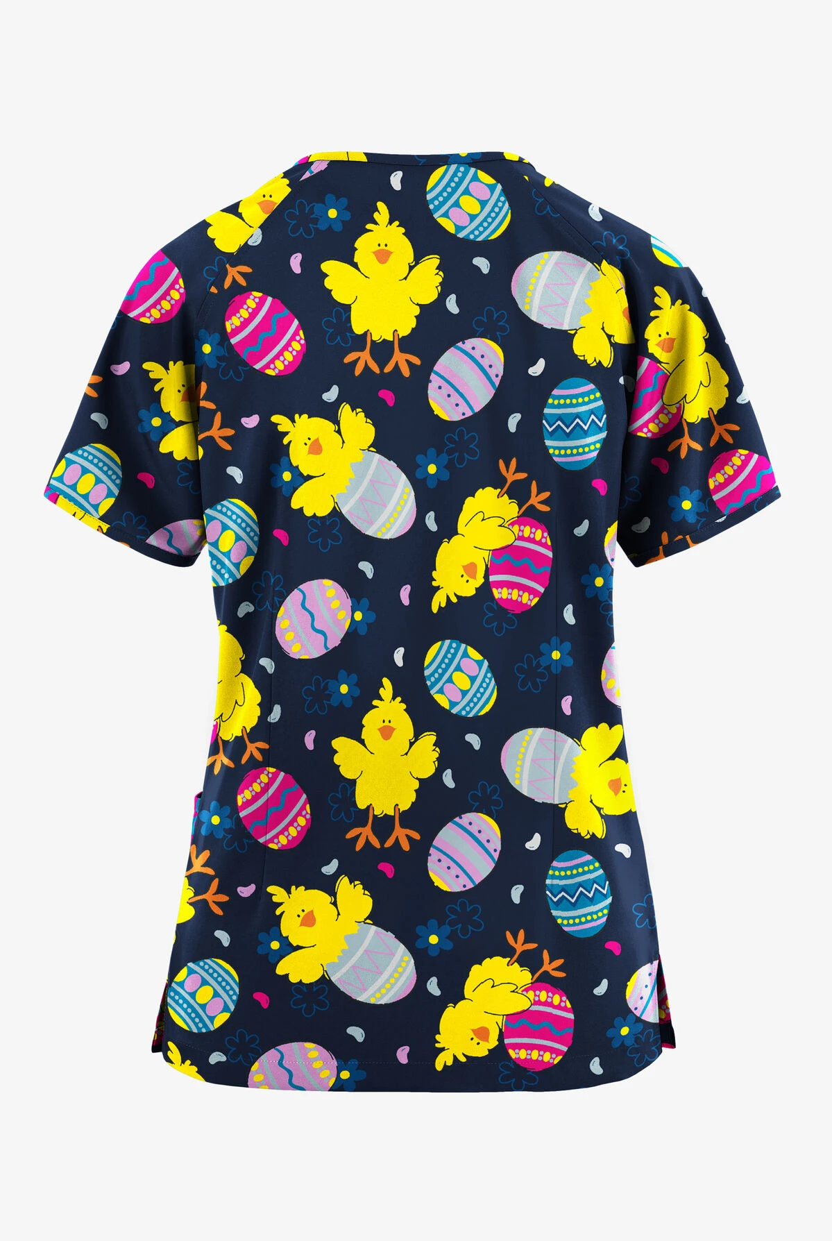 Butter-Soft Originals Easter Morning Navy Women's 3-Pocket Mock Wrap Raglan Sleeve Printed Scrub Top 2 Butter-Soft Originals Easter Morning Navy Women's 3-Pocket Mock Wrap Raglan Sleeve Printed Scrub Top - Image 2