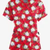 Butter-Soft Winter Floral Red Women’s 4-Pocket V Notch-Neck Print Scrub Top