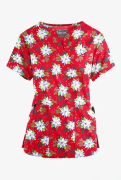 Butter-Soft Winter Floral Red Women’s 4-Pocket V Notch-Neck Print Scrub Top