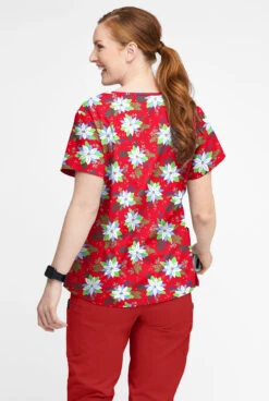 Butter-Soft Winter Floral Red Women’s 4-Pocket V Notch-Neck Print Scrub Top -Clinic Love Style H1531WFRD 3