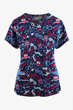 Butter-Soft Originals Stars & Stripes Navy Women's 7-Pocket Curved V-Neck Printed Scrub Top