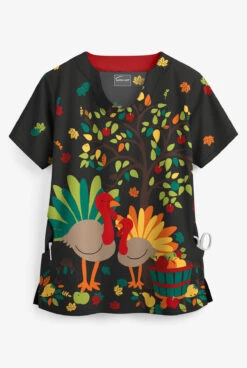 Butter-Soft Forest Turkeys Black Printed Women's 2-Pocket Scallop Neck Scrub Top