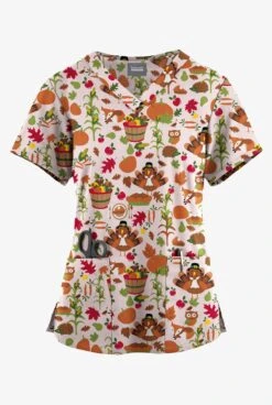 Butter-Soft Originals Farmhouse Thanksgiving Cream Printed Women's 4-Pocket Rounded V-Neck Scrub Top