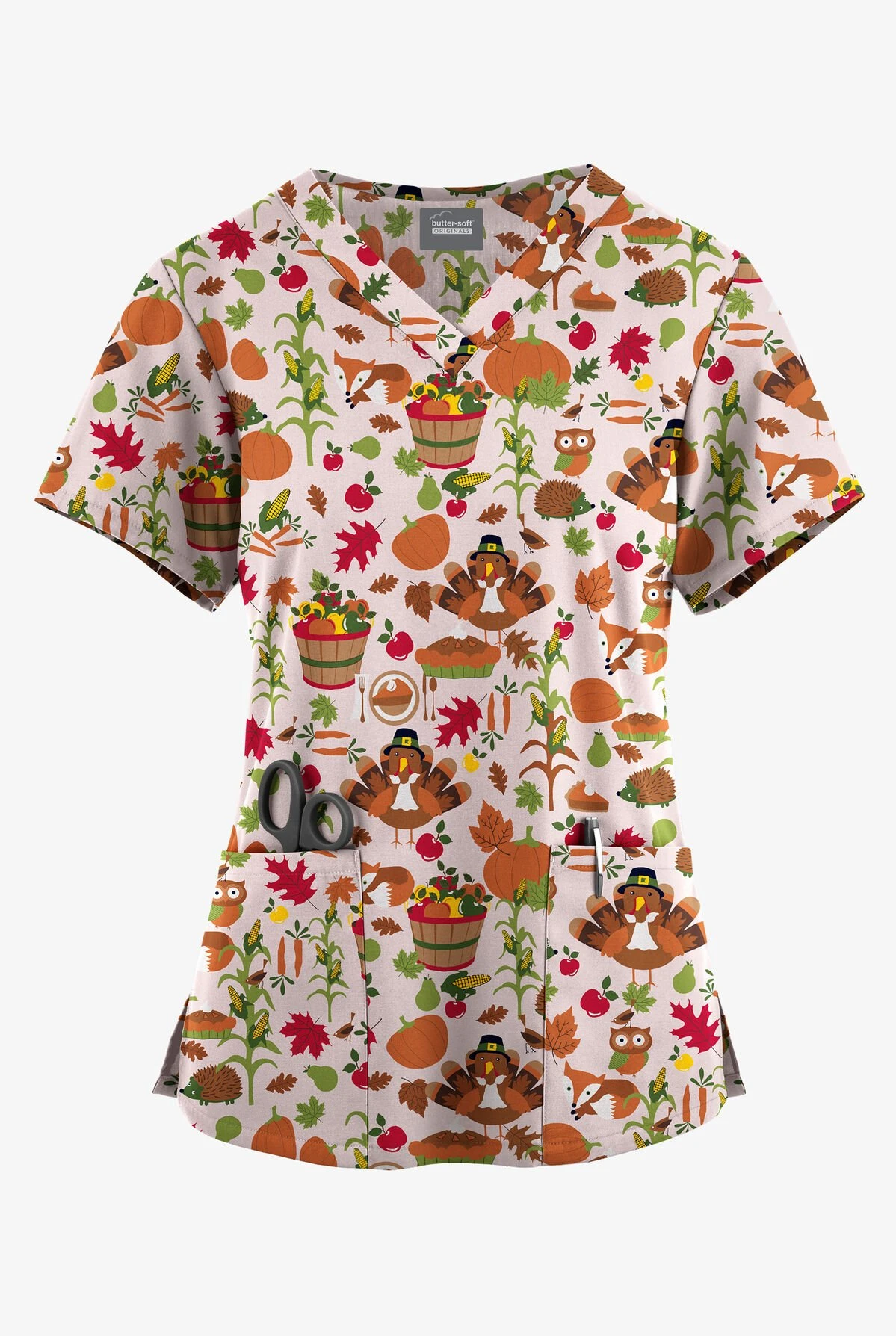 Butter-Soft Originals Farmhouse Thanksgiving Cream Printed Women's 4-Pocket Rounded V-Neck Scrub Top 1 Butter-Soft Originals Farmhouse Thanksgiving Cream Printed Women's 4-Pocket Rounded V-Neck Scrub Top