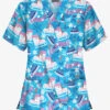 Butter-Soft Christmas Skate Turquoise Women's 3-Pocket V-Neck Print Scrub Top