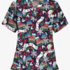 Butter-Soft Christmas Skate Navy Women's 3-Pocket V-Neck Print Scrub Top