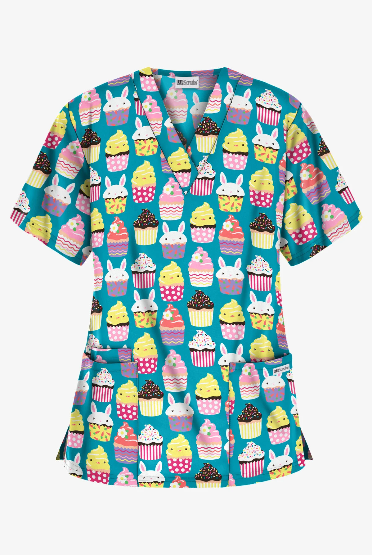 UA Easter Treats Turquoise Women's 3-Pocket V-Neck Print Scrub Top 1 UA Easter Treats Turquoise Women's 3-Pocket V-Neck Print Scrub Top