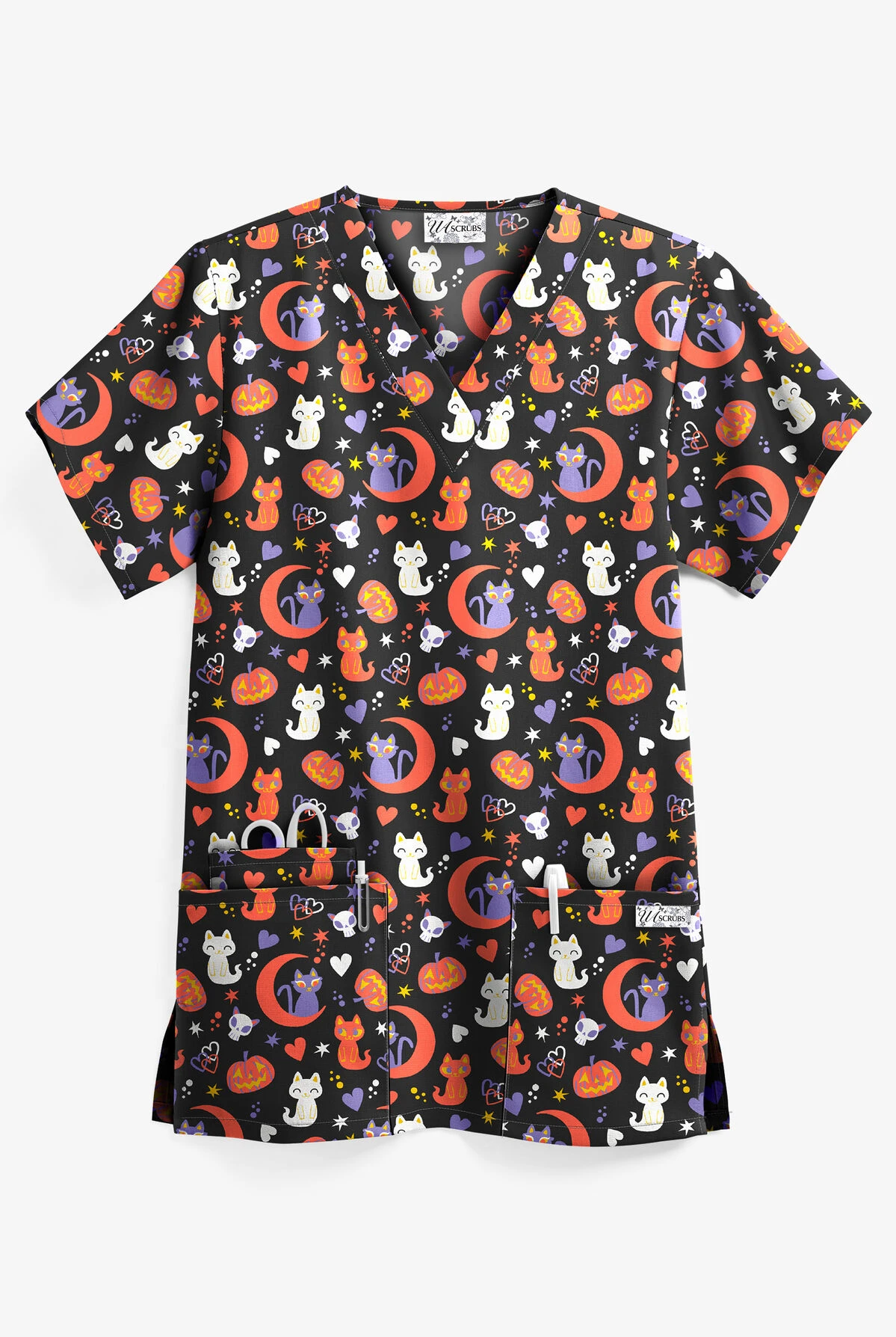 UA Halloween Kitties Black Printed Women's 3-Pocket V-Neck Scrub Top 1 UA Halloween Kitties Black Printed Women's 3-Pocket V-Neck Scrub Top
