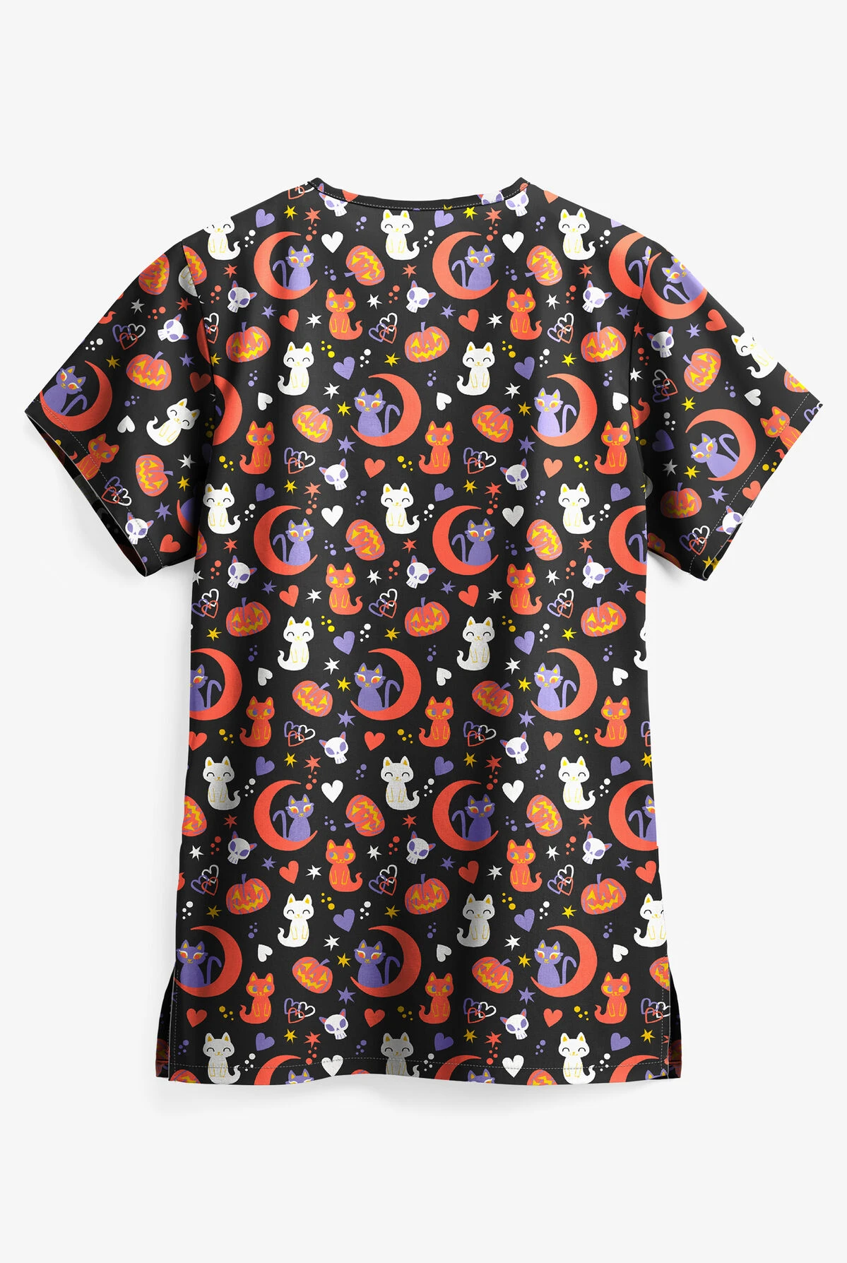 UA Halloween Kitties Black Printed Women's 3-Pocket V-Neck Scrub Top 2 UA Halloween Kitties Black Printed Women's 3-Pocket V-Neck Scrub Top - Image 2