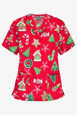 Butter-Soft Santa's Cookies Red Women's 3-Pocket V-Neck Print Scrub Top