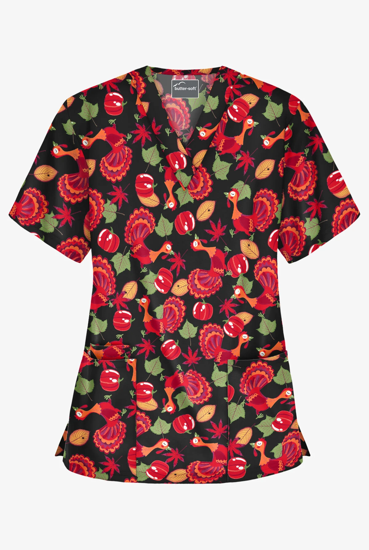 Butter-Soft Thanksgiving Morning Women's 3-Pocket V-Neck Print Scrub Top 1 Butter-Soft Thanksgiving Morning Women's 3-Pocket V-Neck Print Scrub Top