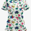 Butter-Soft Christmas Dinos Women's 3-Pocket Criss Cross Print Scrub Top