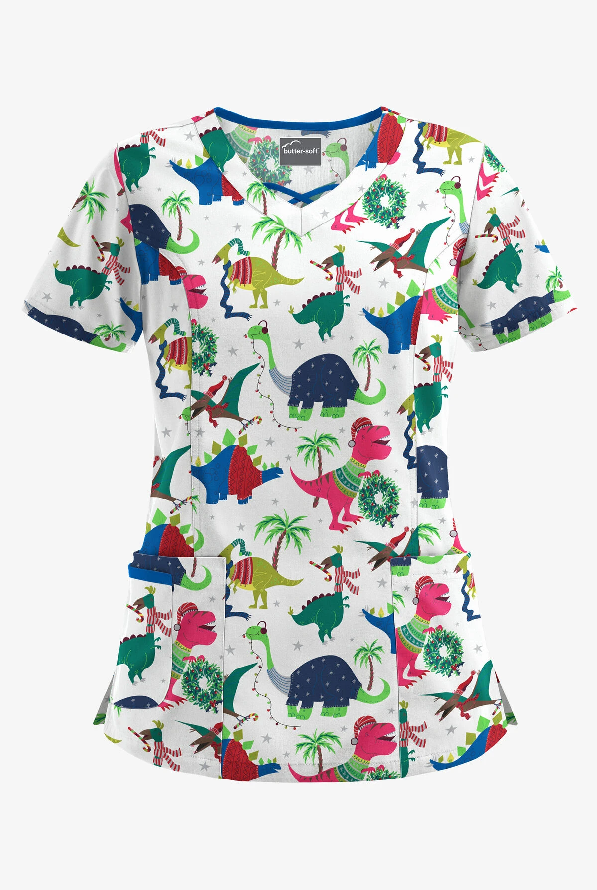 Butter-Soft Christmas Dinos Women's 3-Pocket Criss Cross Print Scrub Top 1 Butter-Soft Christmas Dinos Women's 3-Pocket Criss Cross Print Scrub Top