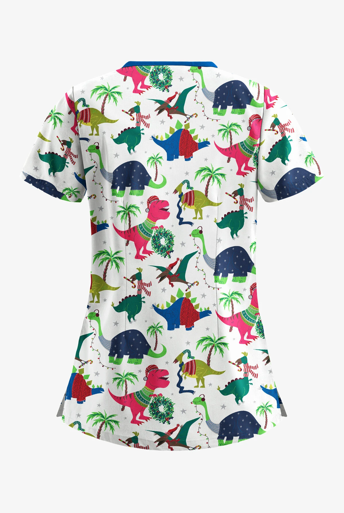 Butter-Soft Christmas Dinos Women's 3-Pocket Criss Cross Print Scrub Top 2 Butter-Soft Christmas Dinos Women's 3-Pocket Criss Cross Print Scrub Top - Image 2