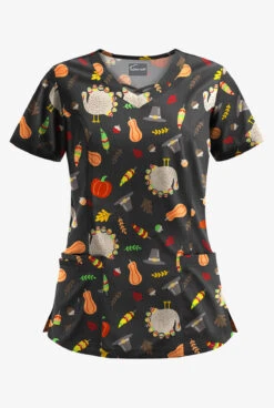 Butter-Soft Thanksgiving Walk Women's 3-Pocket Criss Cross Print Scrub Top