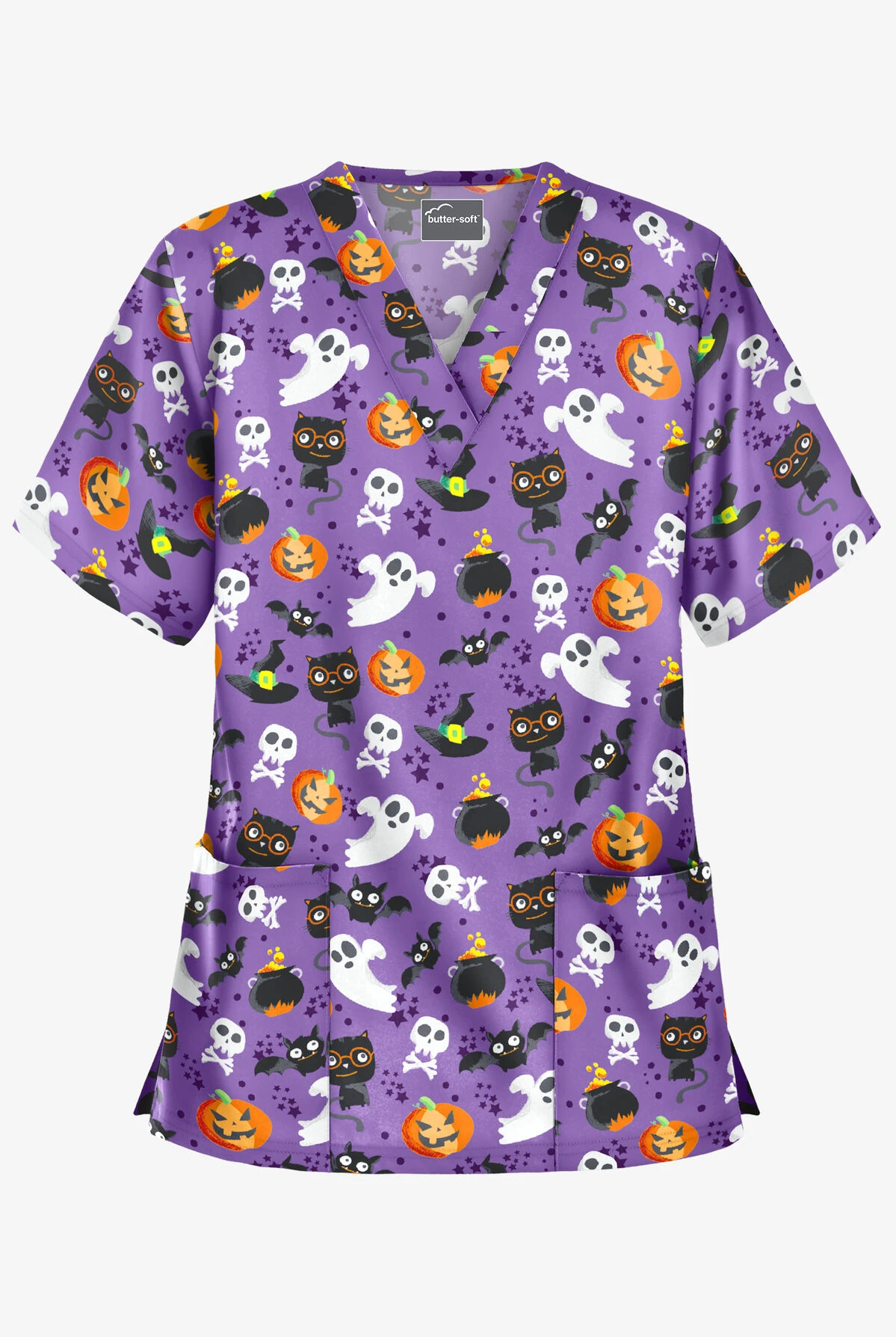 Butter-Soft Halloween Spell Purple Glow Women's 2-Pocket Relaxed Fit V-Neck Print Scrub Top 1 Butter-Soft Halloween Spell Purple Glow Women's 2-Pocket Relaxed Fit V-Neck Print Scrub Top