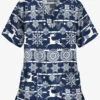 Butter-Soft Nordic Winter Navy Women's 2-Pocket Relaxed Fit V-Neck Print Scrub Top