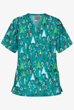 Butter-Soft X-Mas Park Teal Women's 2-Pocket Relaxed Fit V-Neck Print Scrub Top