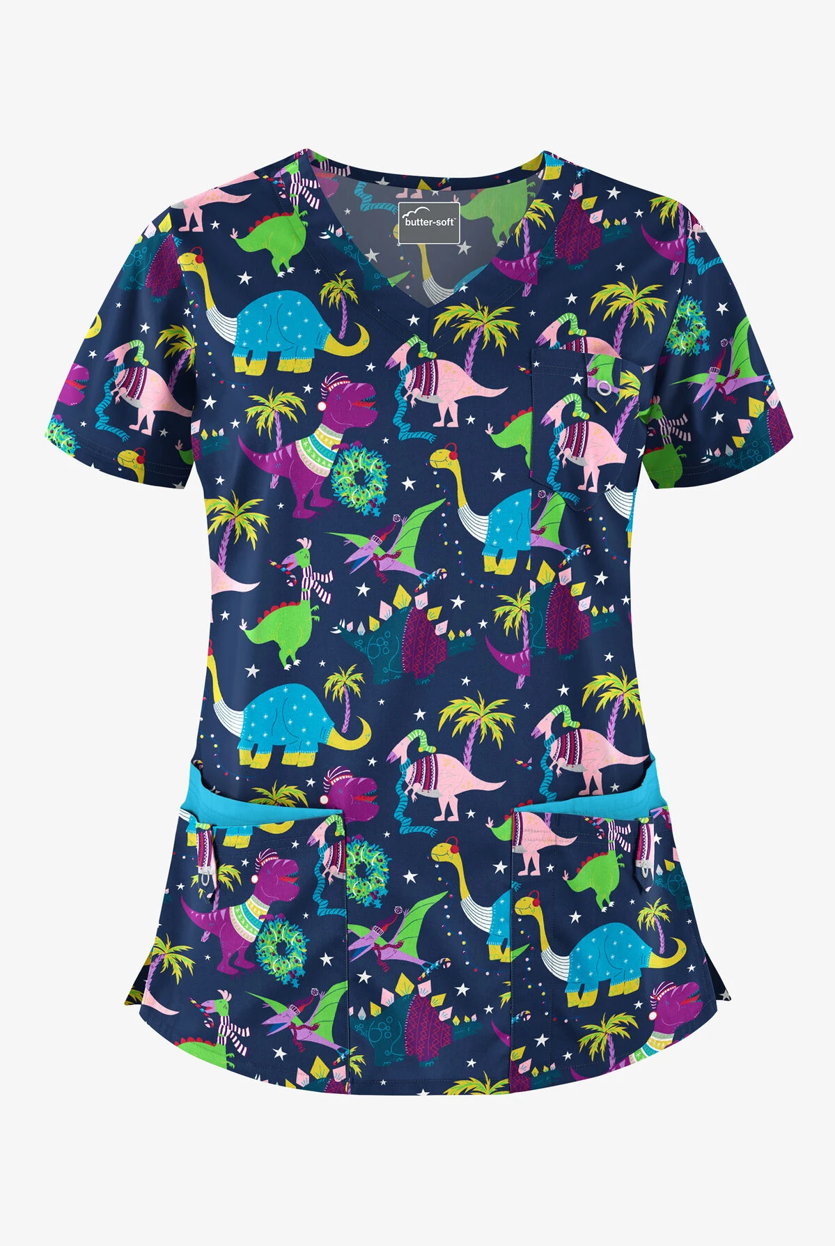 Butter-Soft Christmas Dinos Navy Women's 5-Pocket Rounded V-Neck Print Scrub Top 1 Butter-Soft Christmas Dinos Navy Women's 5-Pocket Rounded V-Neck Print Scrub Top
