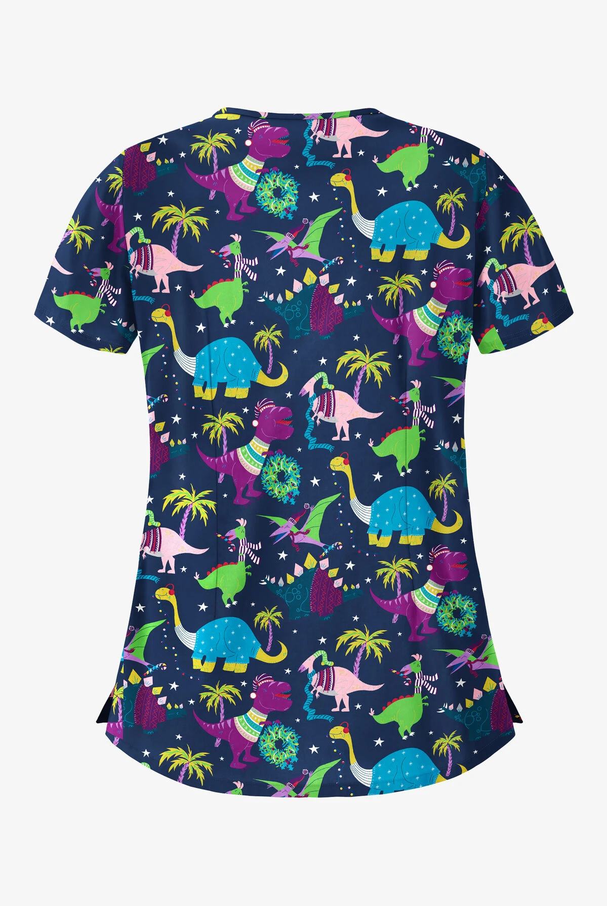 Butter-Soft Christmas Dinos Navy Women's 5-Pocket Rounded V-Neck Print Scrub Top 2 Butter-Soft Christmas Dinos Navy Women's 5-Pocket Rounded V-Neck Print Scrub Top - Image 2