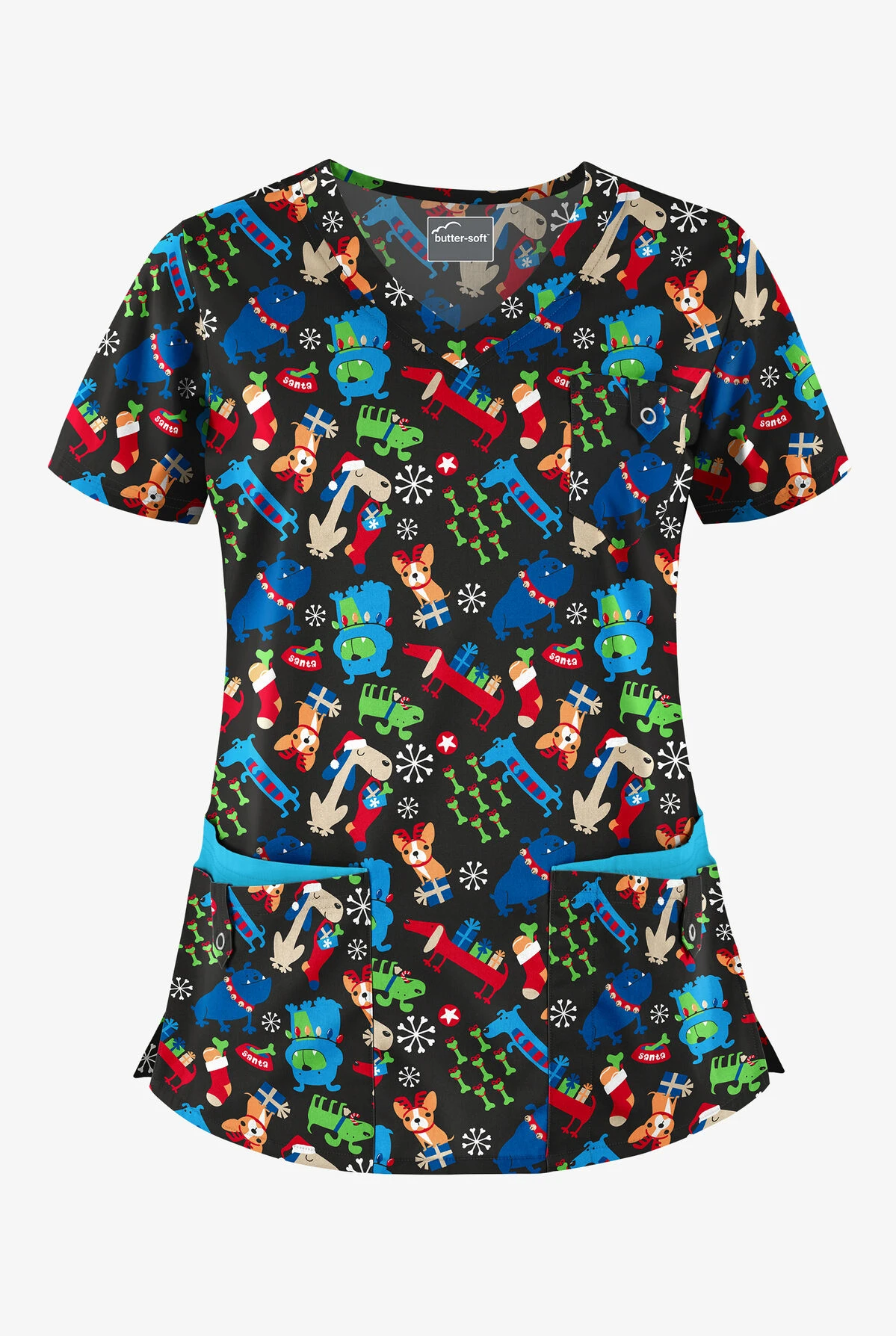 Butter-Soft Happy Dogs Women's 5-Pocket Rounded V-Neck Print Scrub Top 1 Butter-Soft Happy Dogs Women's 5-Pocket Rounded V-Neck Print Scrub Top