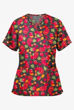 Butter-Soft Thanksgiving Morning Women's 2-Pocket Mock Wrap Print Scrub Top