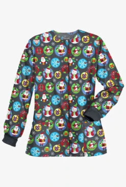 Butter-Soft Christmas Stickers Pewter Women's 2-Pocket Warm-Up Print Scrub Jacket