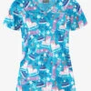 Butter-Soft Christmas Skate Turquoise Women's 4-Pocket Princess Seam Print Scrub Top