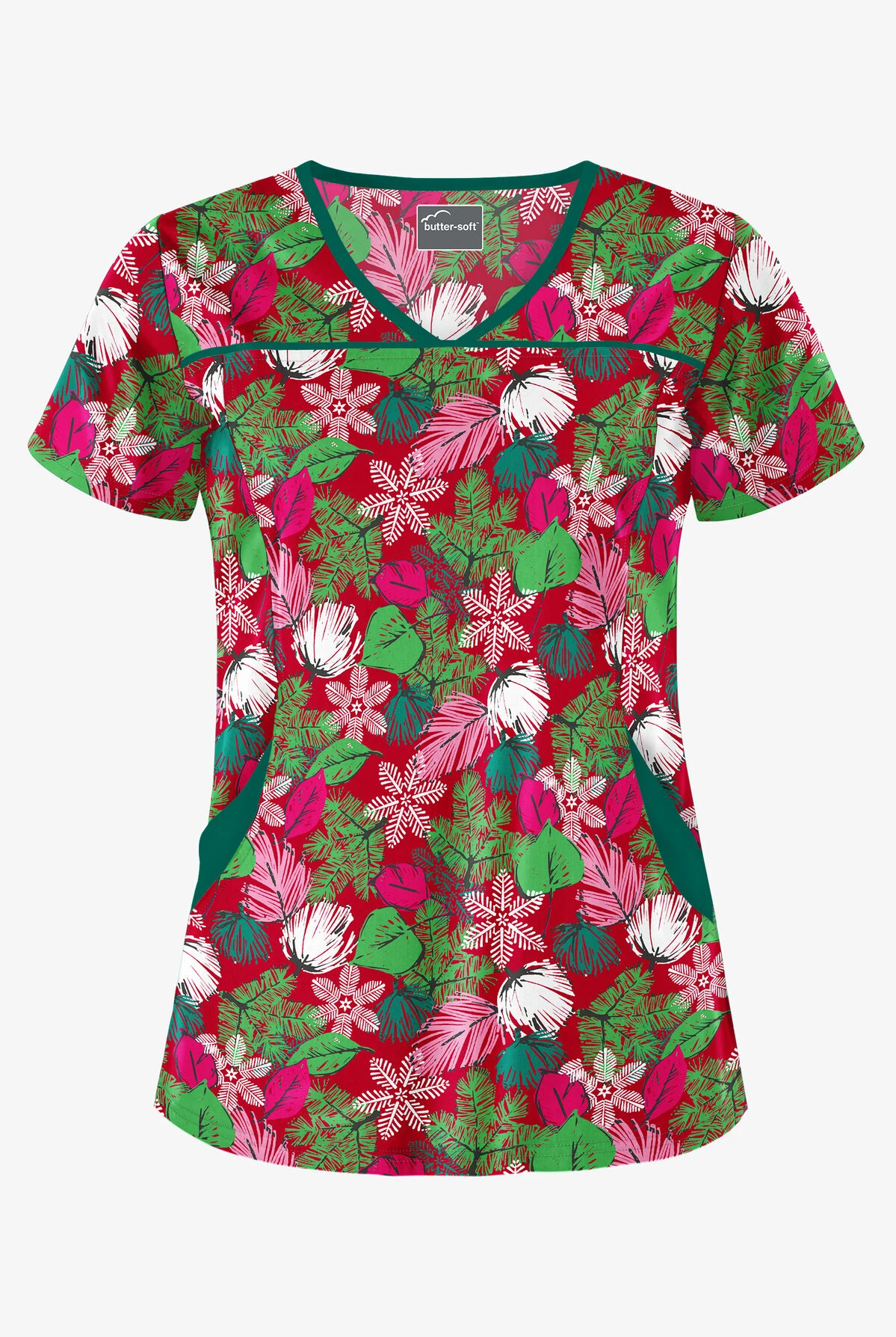 Butter-Soft Christmas Frost Red Women's 4-Pocket Princess Seam Print Scrub Top 1 Butter-Soft Christmas Frost Red Women's 4-Pocket Princess Seam Print Scrub Top
