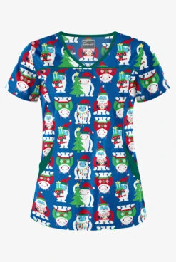 Butter-Soft Happy Monsters Royal Women's 4-Pocket Princess Seam Print Scrub Top