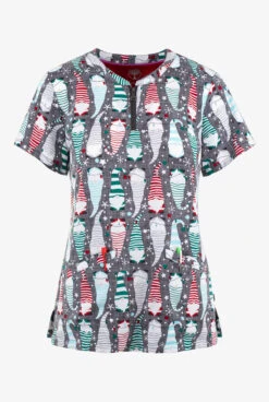 Healing Hands Holiday Helpers Women's 3-Pocket STRETCH Zip Neck Print Scrub Top
