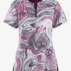 Healing Hands Marble Effect Women's 3-Pocket STRETCH Zip Neck Print Scrub Top