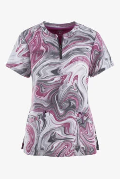 Healing Hands Marble Effect Women's 3-Pocket STRETCH Zip Neck Print Scrub Top