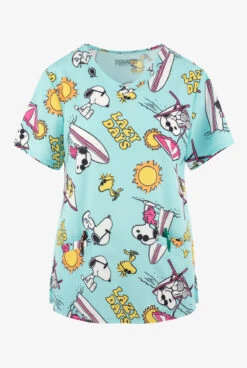 FUNSCRUBS- Peanuts Snoopy & Woodstock Lazy Days Women's 2-Pocket STRETCH V-Neck Print Scrub Top