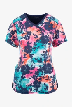 Cherokee Infinity Artistic Blooms Women's 3-Pocket STRETCH Mock Wrap Print Scrub Top