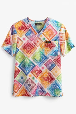 Koi Basics Colorful Pride Patch Unisex 1-Pocket STRETCH V-Neck Print Scrub Top
