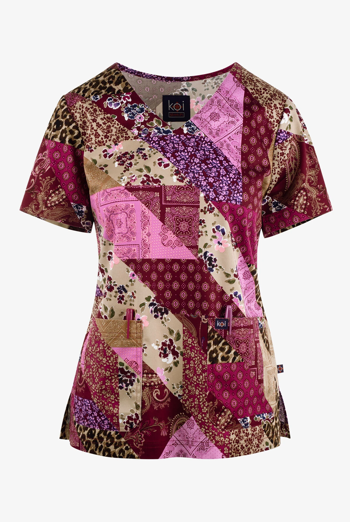 Koi Patched With Love Women's 2-Pocket STRETCH V-Neck Print Scrub Top 1 Koi Patched With Love Women's 2-Pocket STRETCH V-Neck Print Scrub Top