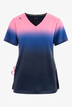 Koi Lite Peony Pink/Royal Blue/Navy Ombre Women's 2-Pocket STRETCH V-Neck Print Scrub Top