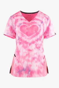 Koi Lite Tie Dye Hearts Women's 2-Pocket STRETCH V-Neck Print Scrub Top