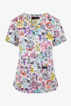 Koi Basics Fur Baby Bunch Women's 2-Pocket STRETCH V-Neck Print Scrub Top