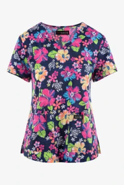Koi Basics Hono & Hibiscus Floral Women's 2-Pocket STRETCH V-Neck Print Scrub Top