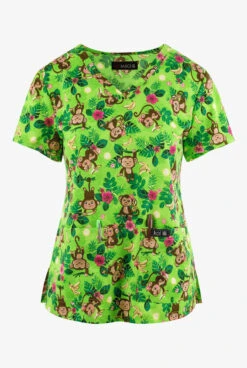Koi Basics Monkey Business Whimsical Women's 2-Pocket STRETCH V-Neck Print Scrub Top
