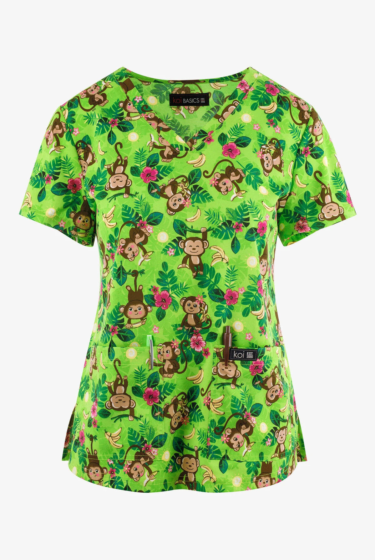Koi Basics Monkey Business Whimsical Women's 2-Pocket STRETCH V-Neck Print Scrub Top 1 Koi Basics Monkey Business Whimsical Women's 2-Pocket STRETCH V-Neck Print Scrub Top