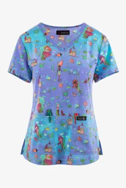 Koi Basics Mermaid Cove Ombre Women's 2-Pocket STRETCH V-Neck Print Scrub Top